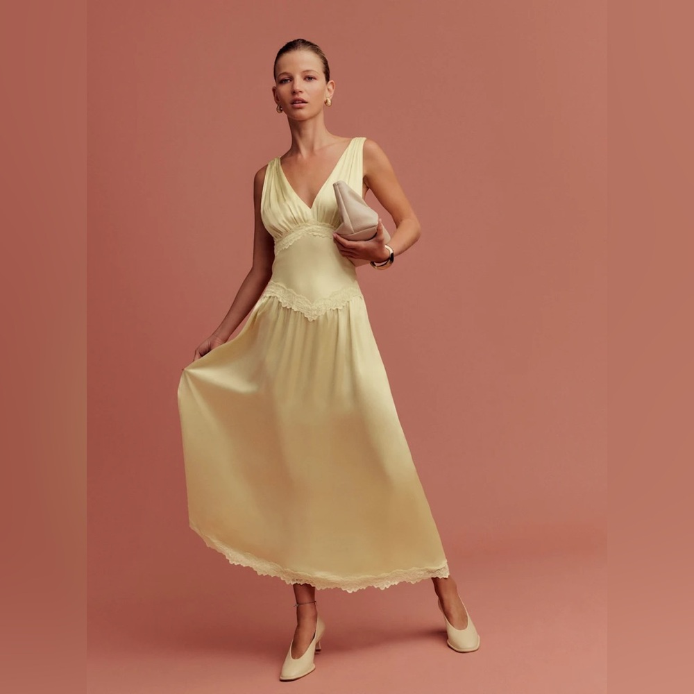 NEW Reformation Stasia Butter Yellow Blonde Silk Dress sz 4 midi
